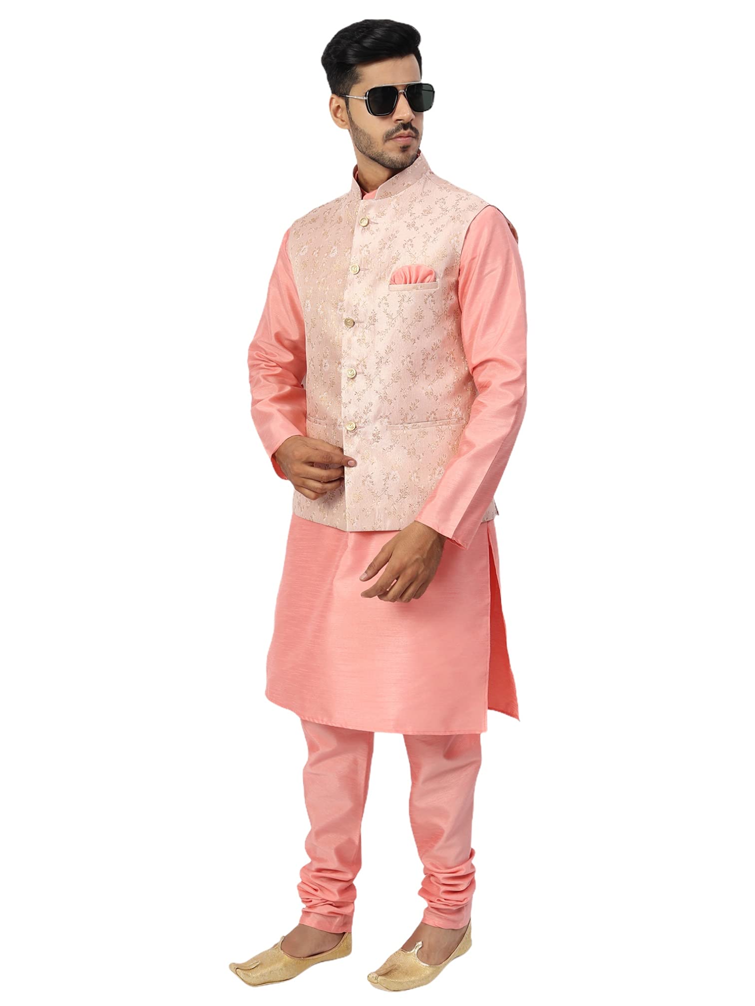 Uri and MacKenzie Men's Silk Blend Regular Kurta Churidar Pyjama with Bundi Nehru Jacket/Waistcoat