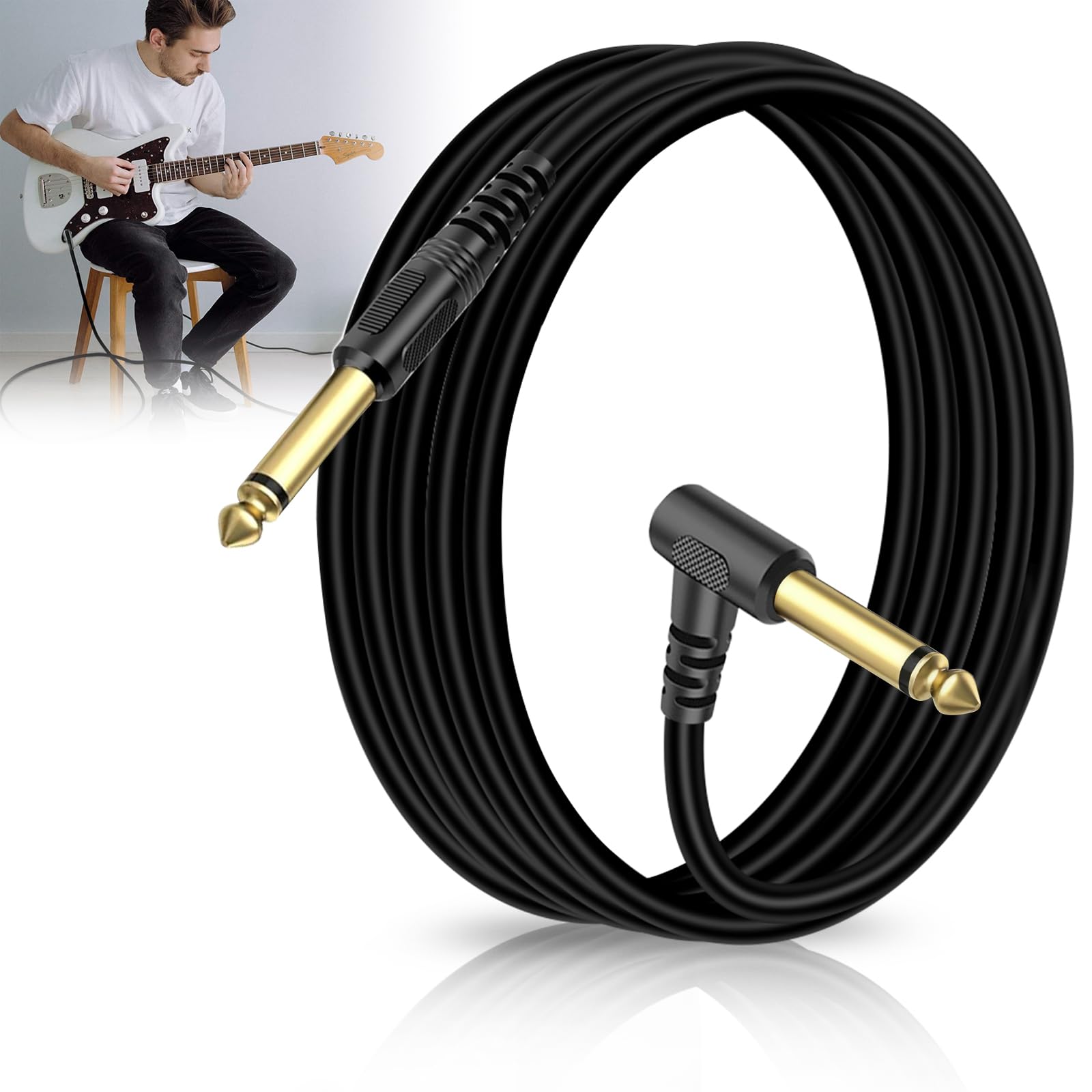 Guitar Cable 3M, Instrument Lead with 6.35mm (1/4") Straight to Right Angle Jack Plugs