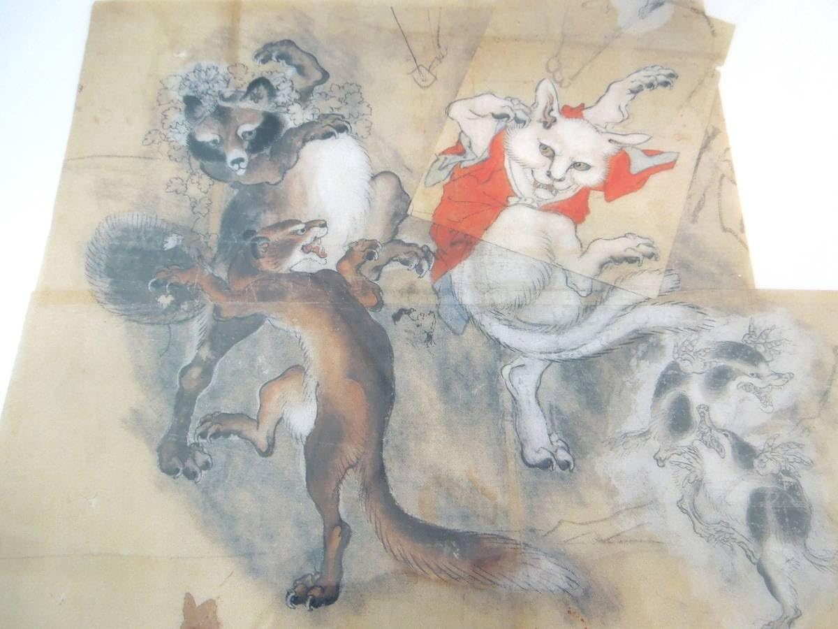【みりん様用】鳥獣戯画　紙本　掛軸（河鍋暁斎 風） みりん様用】鳥獣戯画 紙本 掛軸（河鍋暁斎 風）