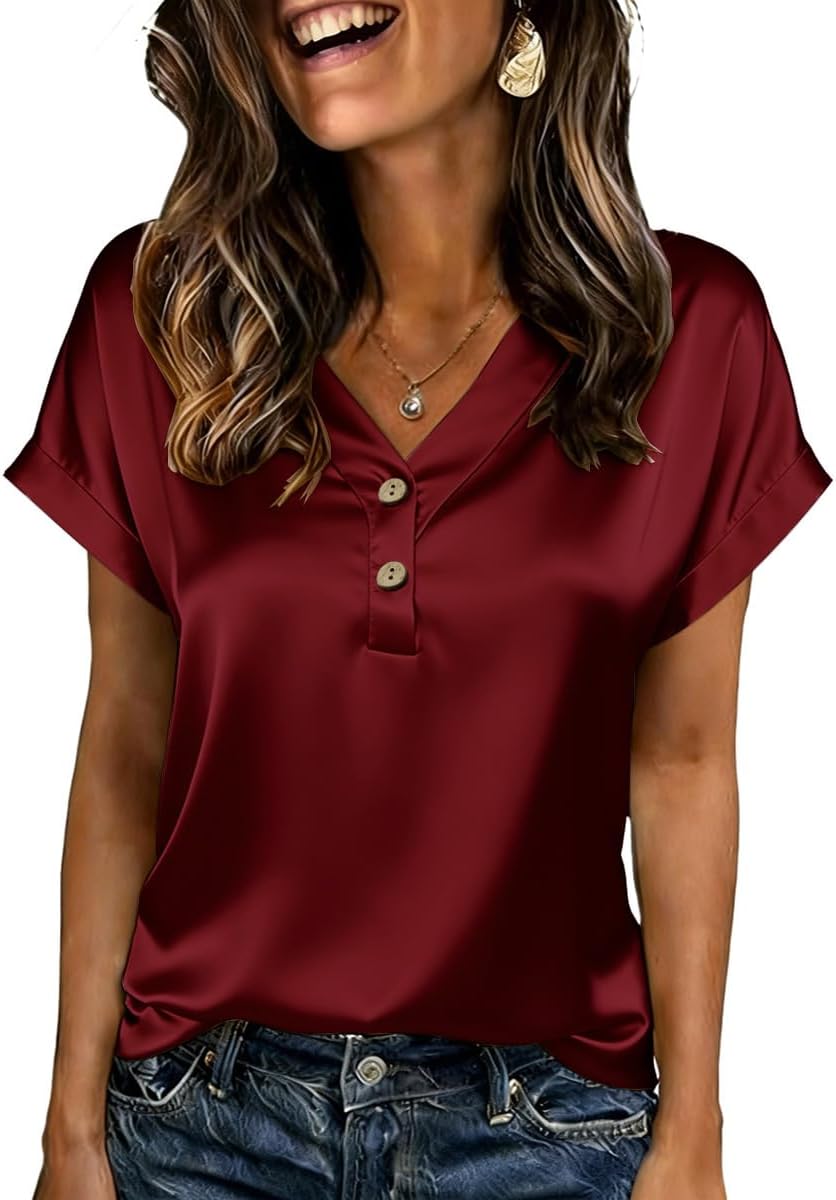 Womens Short Sleeve Satin Top V Neck Summer Satin Blouse Elegant Solid T Shirts Casual Office Work Silk Blouses