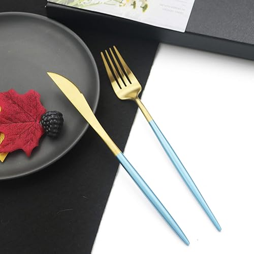 Miniatura 4 de JASHII Juego de cubiertos de lujo con mango azul 1810, juego de cubiertos de acero inoxidable 304, 20 piezas, acabado satinado moderno Adaline