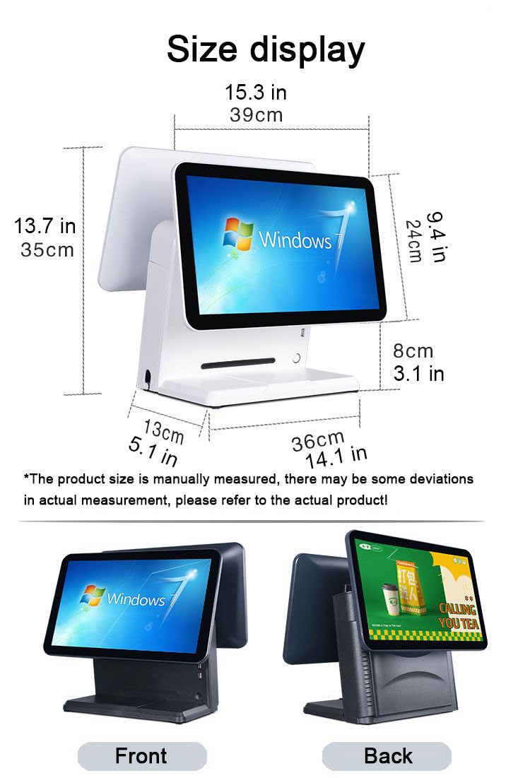 Caja Registradora Pequeña,Pantalla táctil Principal 15,6" + Pantalla Cliente HD,4GB RAM + 64GB SSD | 6 Puertos USB | WiFi,Cajas Registradoras para Comercial y Minorista,Black