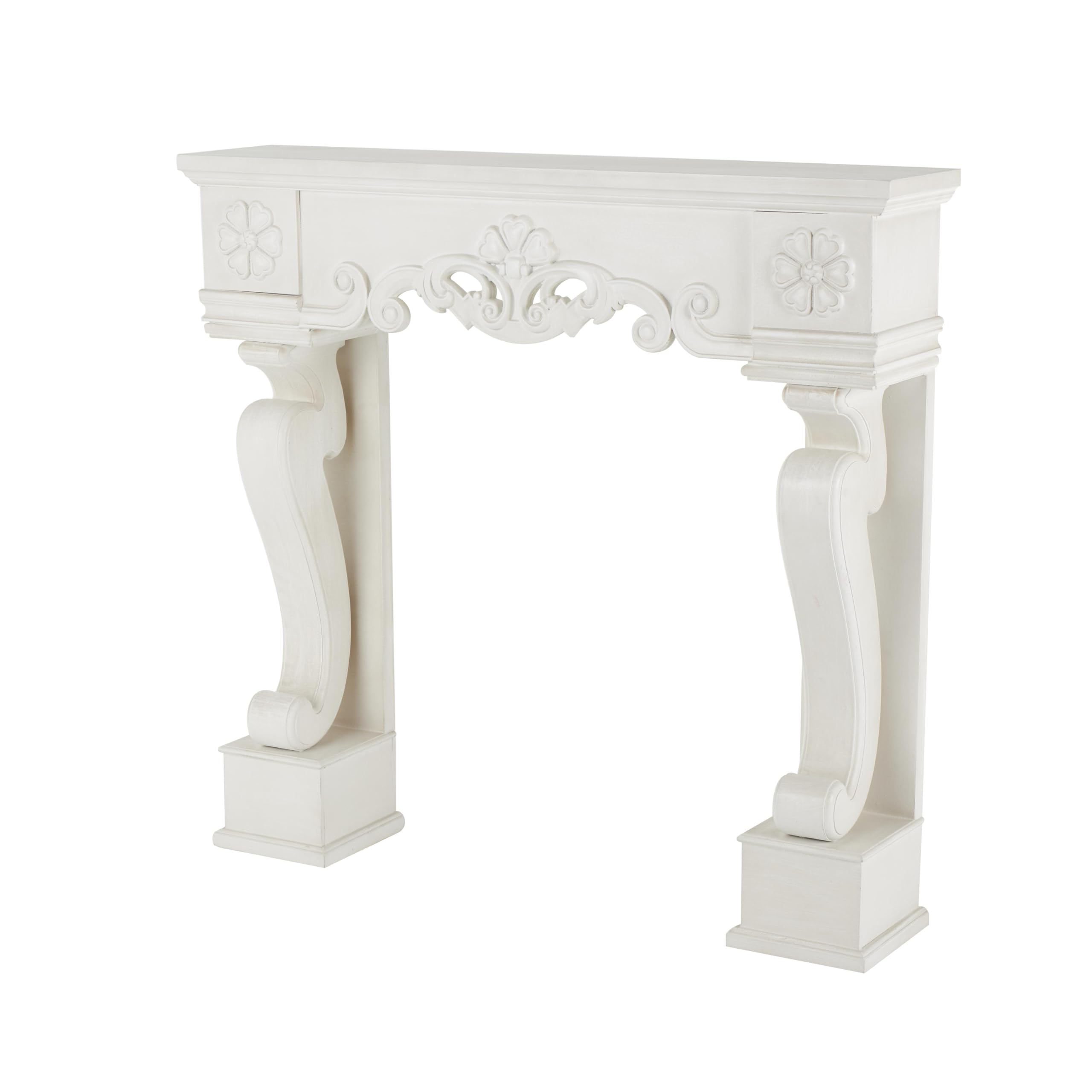 Deco 79 Wooden Scroll Fireplace Mantle Freestanding with Floral Accents, 45" x 10" x 42", White