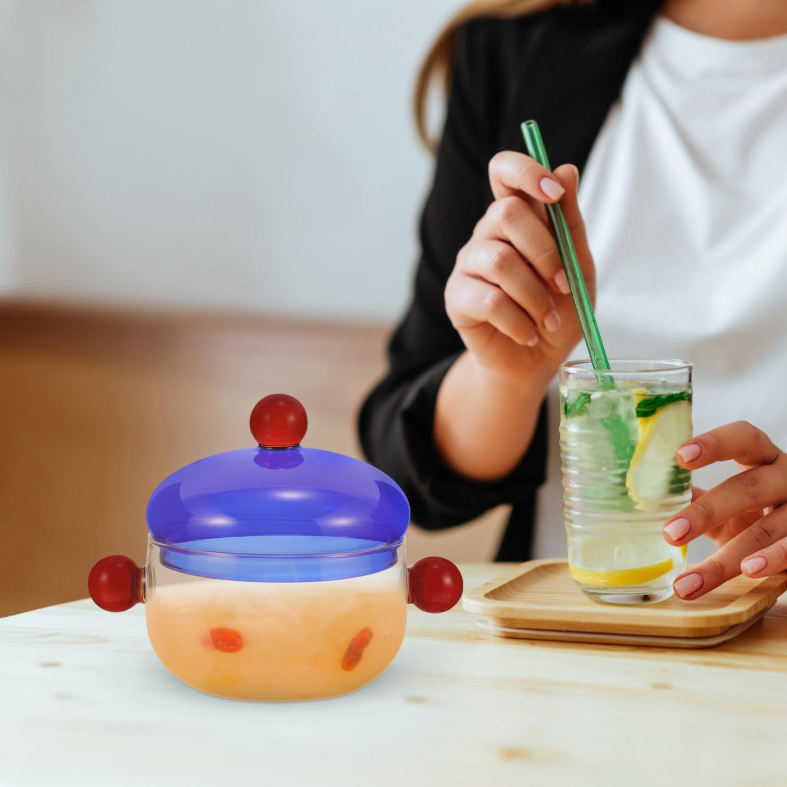 Handgefertigte mit Deckel und Löffel 250ml Borosilikatglas Transparenter Küchenkochtopf Glasschüssel Stabiles Design Mikrowellengeeignet für Salat und Suppe