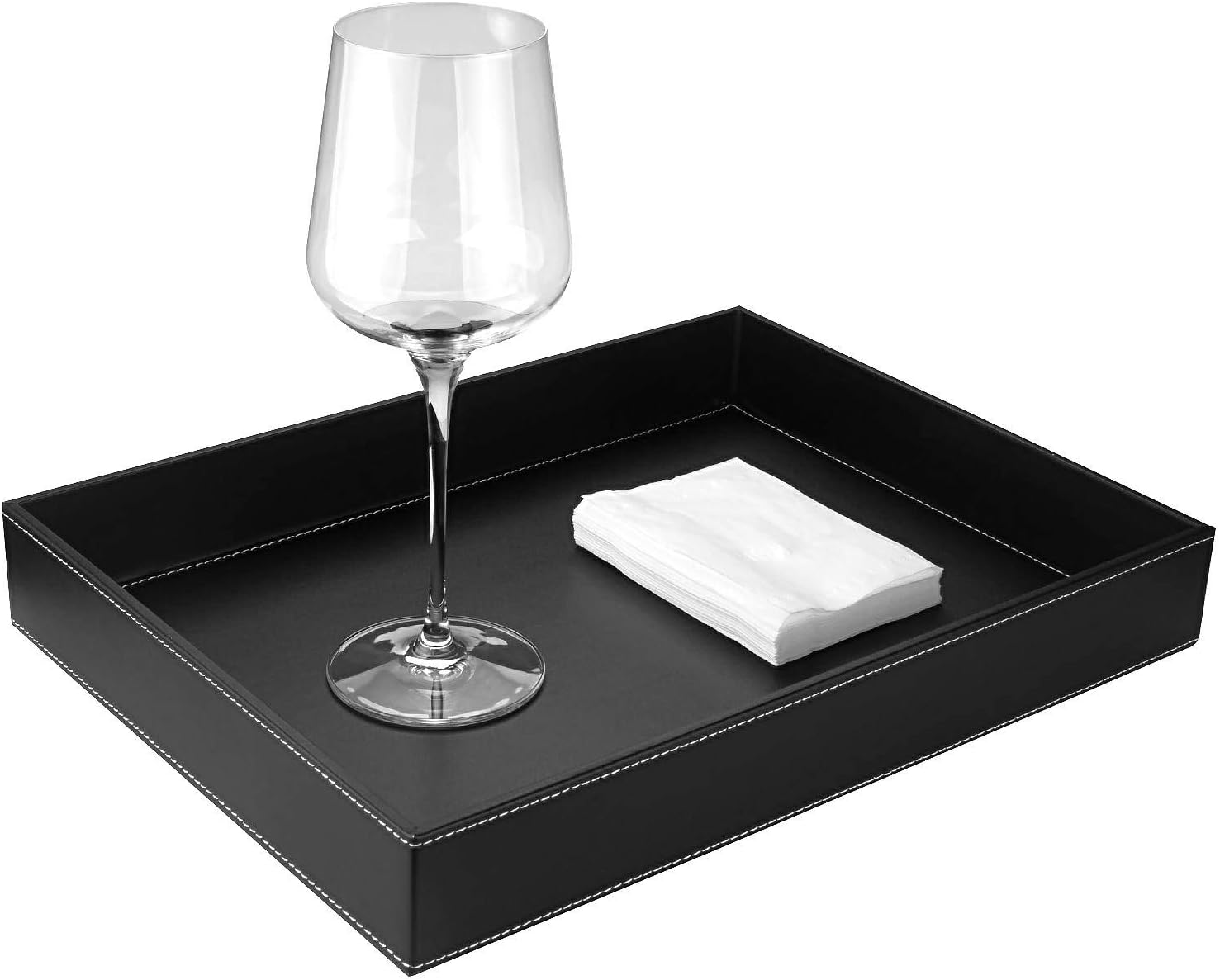 ABuffABuff Black Leather Tray, Rectangle PU Decorative Serving Tray, 15.7 x 12 Inch Black Coffee Table Tray, Elegant Desktop Storage Catchall Tray, Men Vanity Tray for Office, Breakfast, Butler