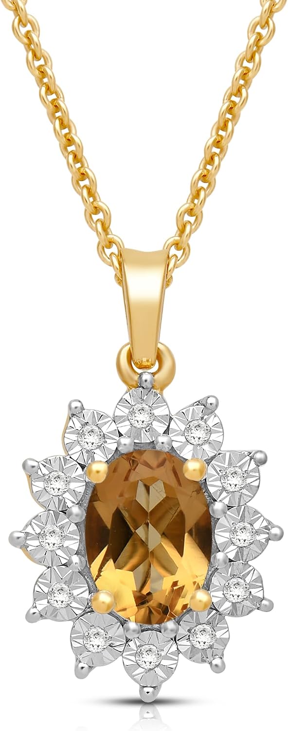 Jewelili Sterling Silver or Rose or Yellow Gold over Silver 7x5 MM Oval Created or Genuine Gemstone and 1/20 Cttw Natural White Round Diamond Pendant Necklace 18" Cable Chain