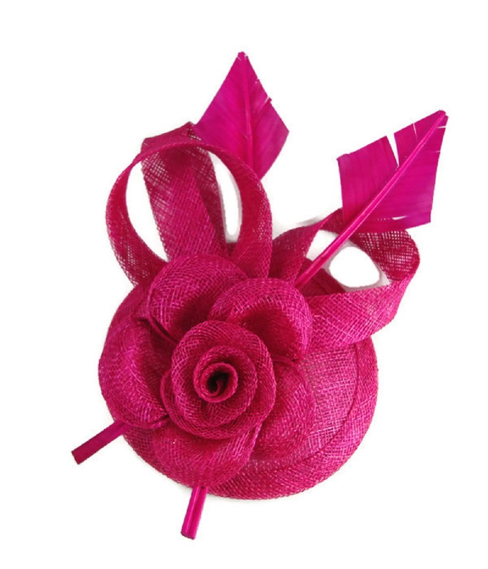 Signature Flower & Feather Mini Disc Fascinator with Hair Clip (Fucshia)