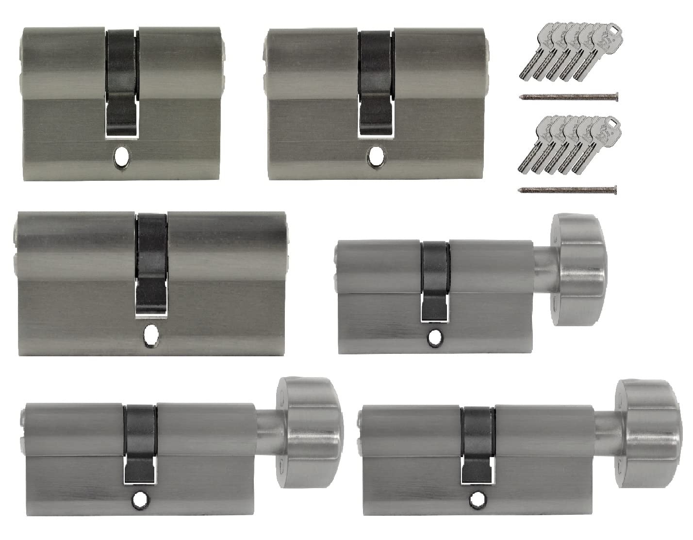 Set6 6x Zylinderschloss Gleichschließend Verschiedene Größen 1x70mm 1x80mm 1x100mm/1x70mm 2x90mm mit Knauf inkl. 10x Schlüssel (mit Not- und Gefahrenfunktion)
