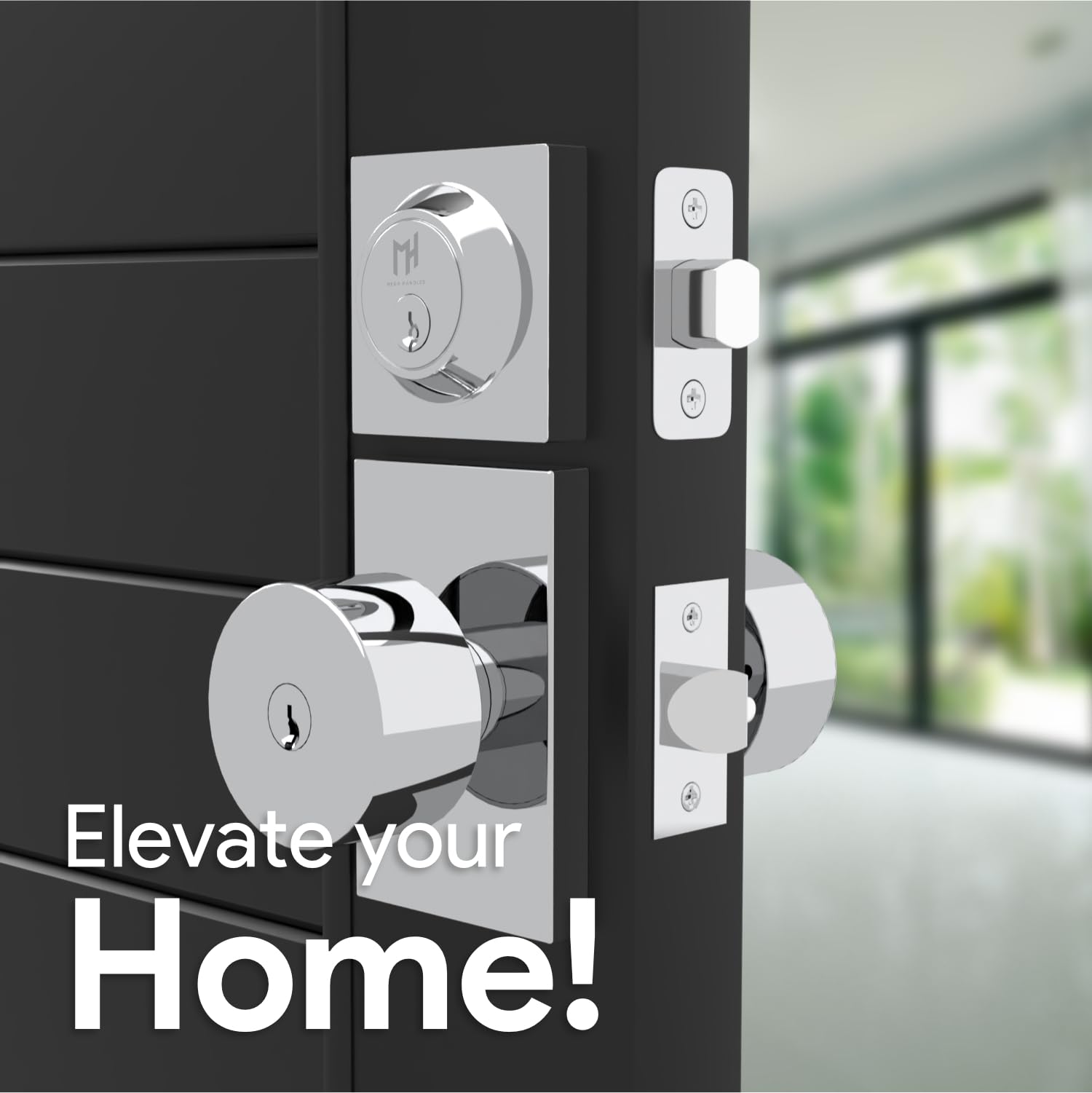 Mega Handles Laura - Pomo para puerta de entrada y cerrojo cromado - Combo con llave | Aleación de zinc macizo, cromo pulido, perilla redonda moderna, roseta rectangular, reversible izquierda o derecha