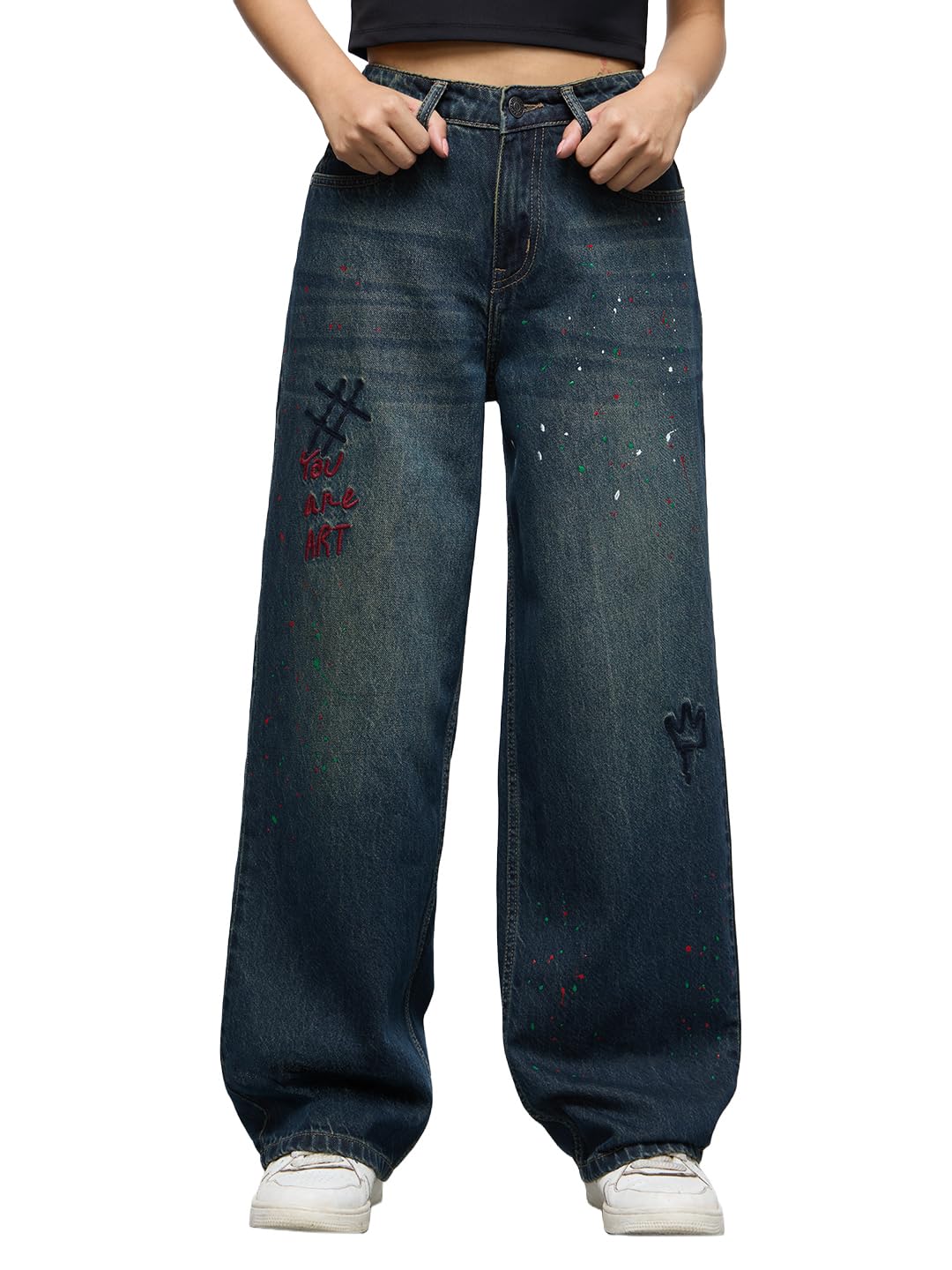 the souled store Baggy-Fit Denim: Art is Love Women and Girls Buttoned Waistband Dark Blue Stone Wash Cotton Denim Embroidered Lightweight Streetwear Comfortable Casual Denim Baggy Jeans-picture-39