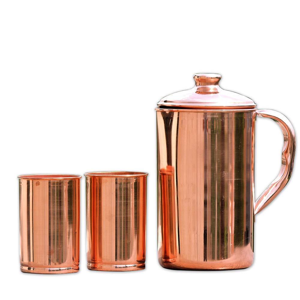 Ancient Impex Pure Copper Pitcher with 2 Copper Tumblers for Storing and Drinking Water | Ayurvedic Pure Copper Jug Capacity 57.48 fl oz. with Matching Lid and 2 Matching Tumblers