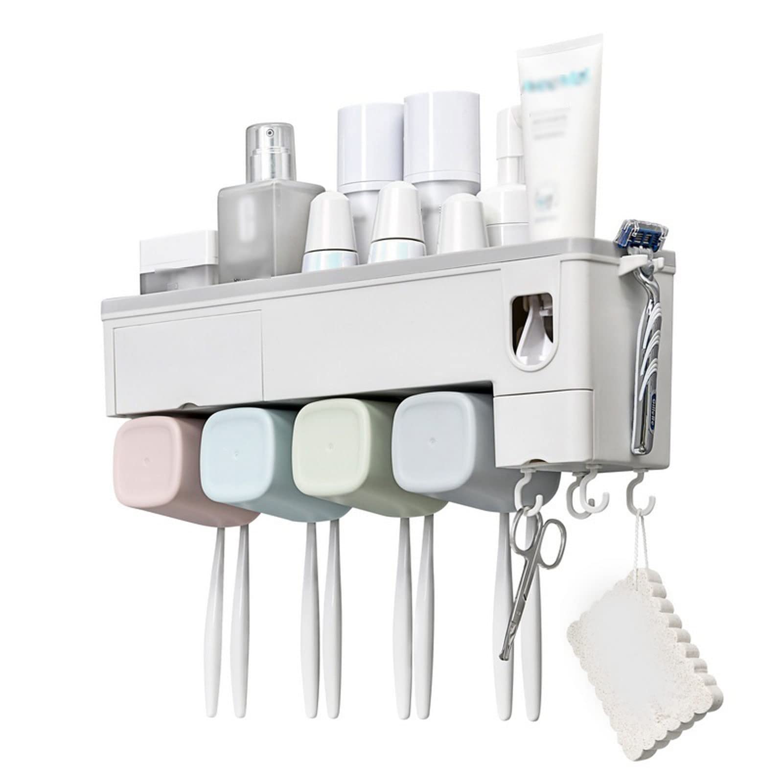 Dispensador automático de pasta de dientes con soporte para cepillo de dientes y cajón de almacenamiento, montado en la pared, para cepillos de dientes y enjuague bucal