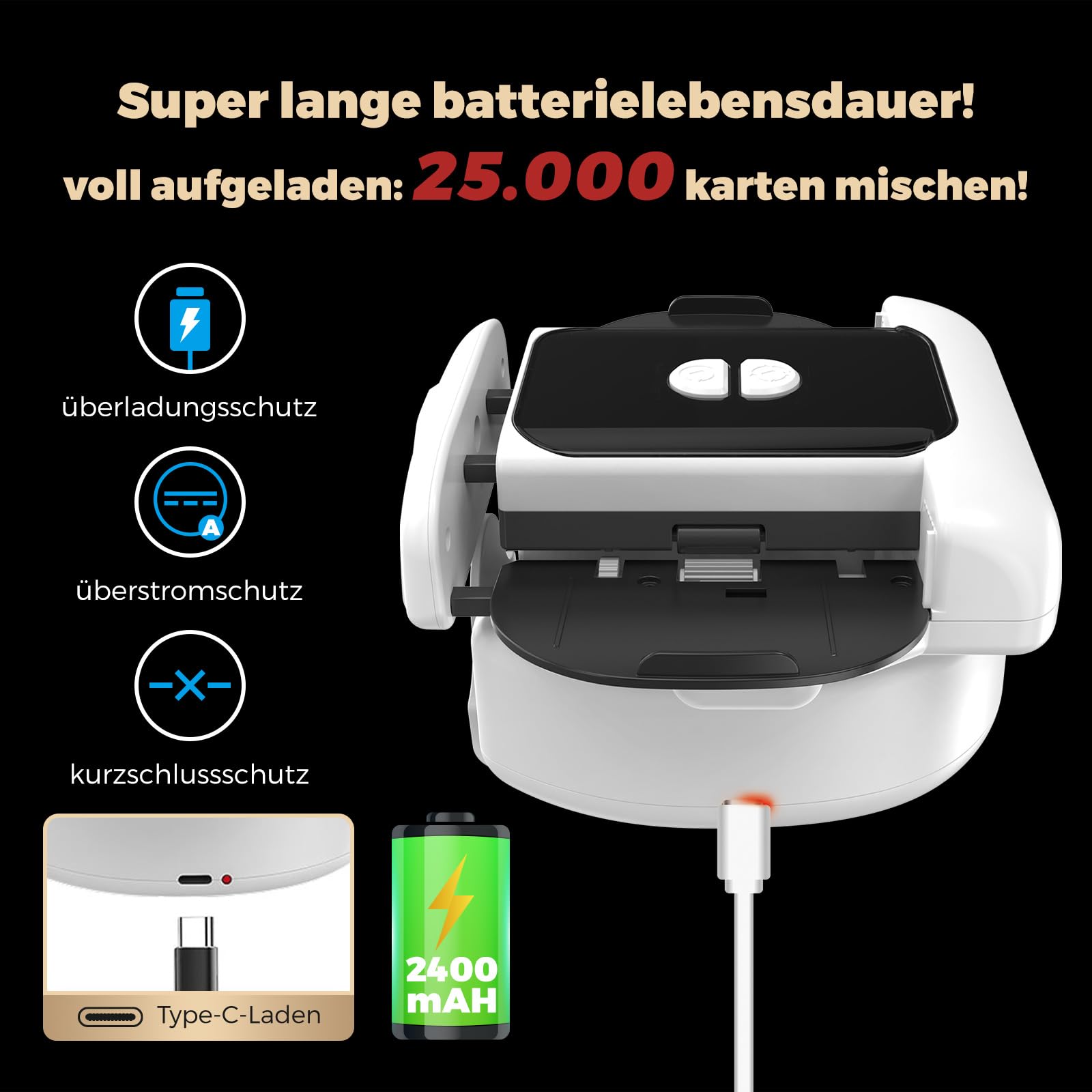 Automatischer Kartenmischer, 2 Laufmodi, Aufladbar mit Langzeit-Batterie, Geräuschlos, für UNO, Poker, Black Jack Karten, Schwarz (Schwarz & Weiß)