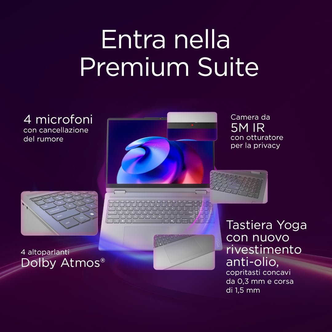 Lenovo Yoga 7 (2 in 1) Notebook Copilot+ PC Convertibile Touch 14” OLED WUXGA (1920x1200), Intel Core Ultra 5 226V, RAM 16 GB, 512 GB SSD, 60 Hz, Windows 11 Home, WiFi 7 - Luna Grey