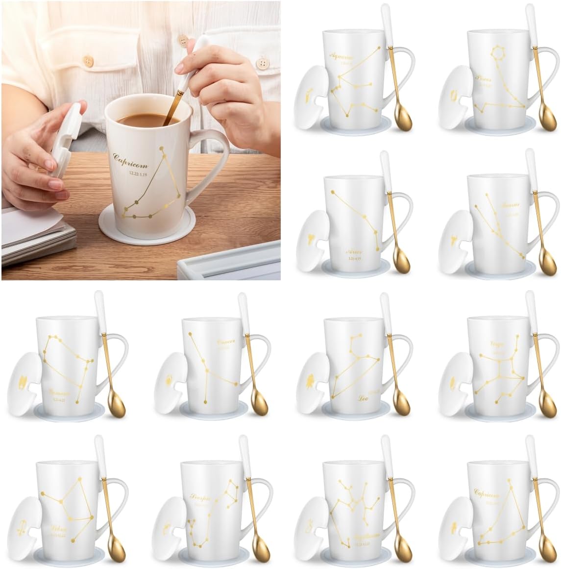 15oz Capricornus Birthday Gift for Women Coffee Mug Set Ceramic Creative Constellation Zodiac Capacity Upgrade Tea Cup for Cocoa Water Milk Juice (Capricornus-White Gold) - Image 6