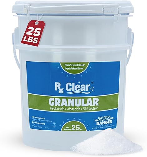 Rx Clear Cloro granular para piscina de 25 libras  Uso como bactericida, algicida y desinfectante en piscinas, jacuzzis y spas  Estabilizado,
