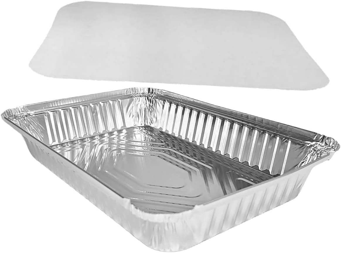 PACTOGO Disposable 4 lb. Aluminum Foil Oblong Take-Out Heavy Duty Tin Baking Pans with Board Lids 12'' X 8'' X 2'' Inch - For Meal Prep, Brownies, Bread, Baking, or Lunchbox (Pack of 100 Sets)