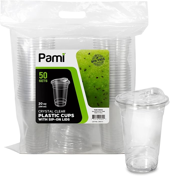 PAMI Clear 20oz Plastic Cups With Sip Lids [Pack of 50] BPAFree Disposable Clear