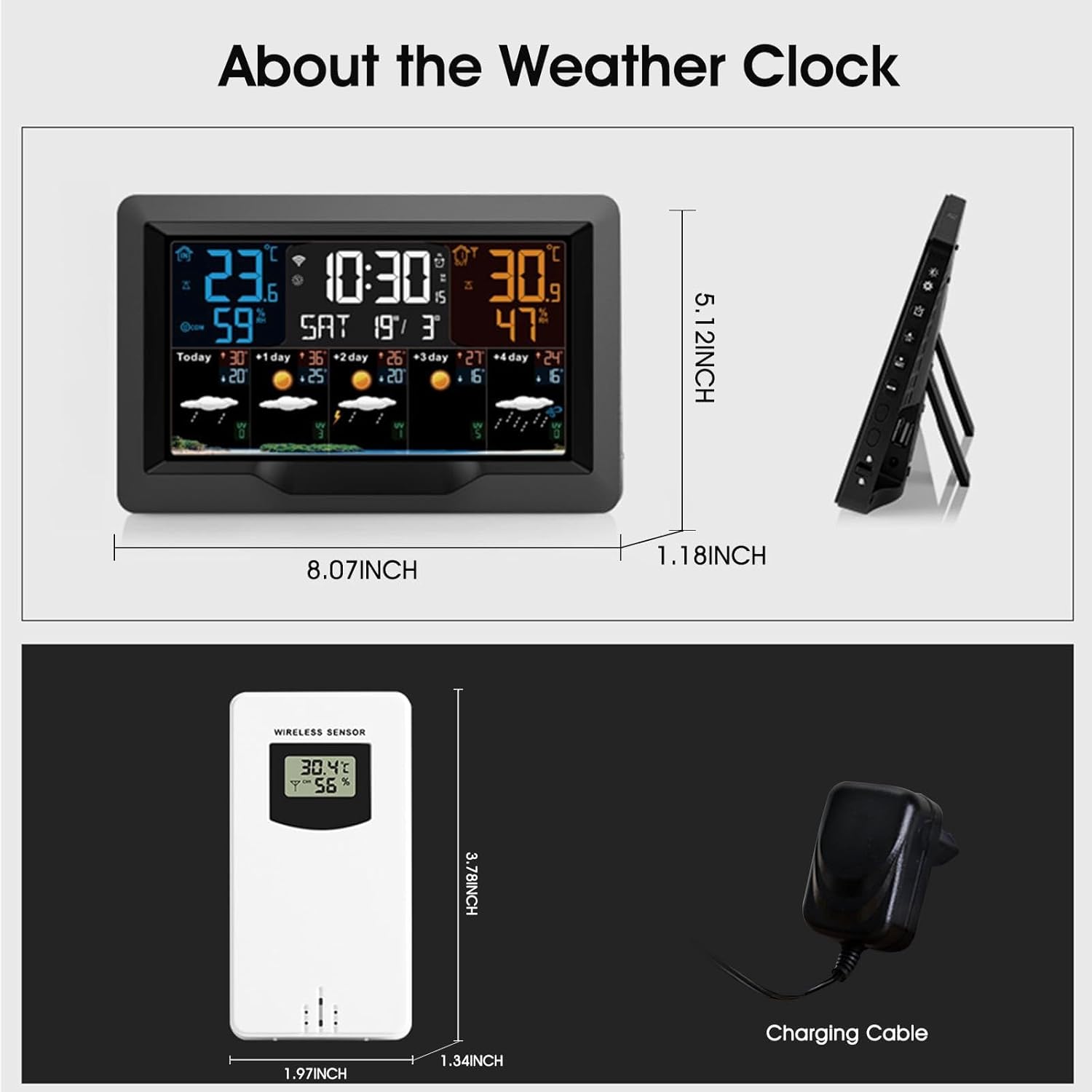 Smart Weather Station Clock with Atomic Time, Indoor/Outdoor Wireless Temperature & Humidity Monitor, Barometer, Large Display, Adjustable Backlight, USB Charging, Forecast Alerts