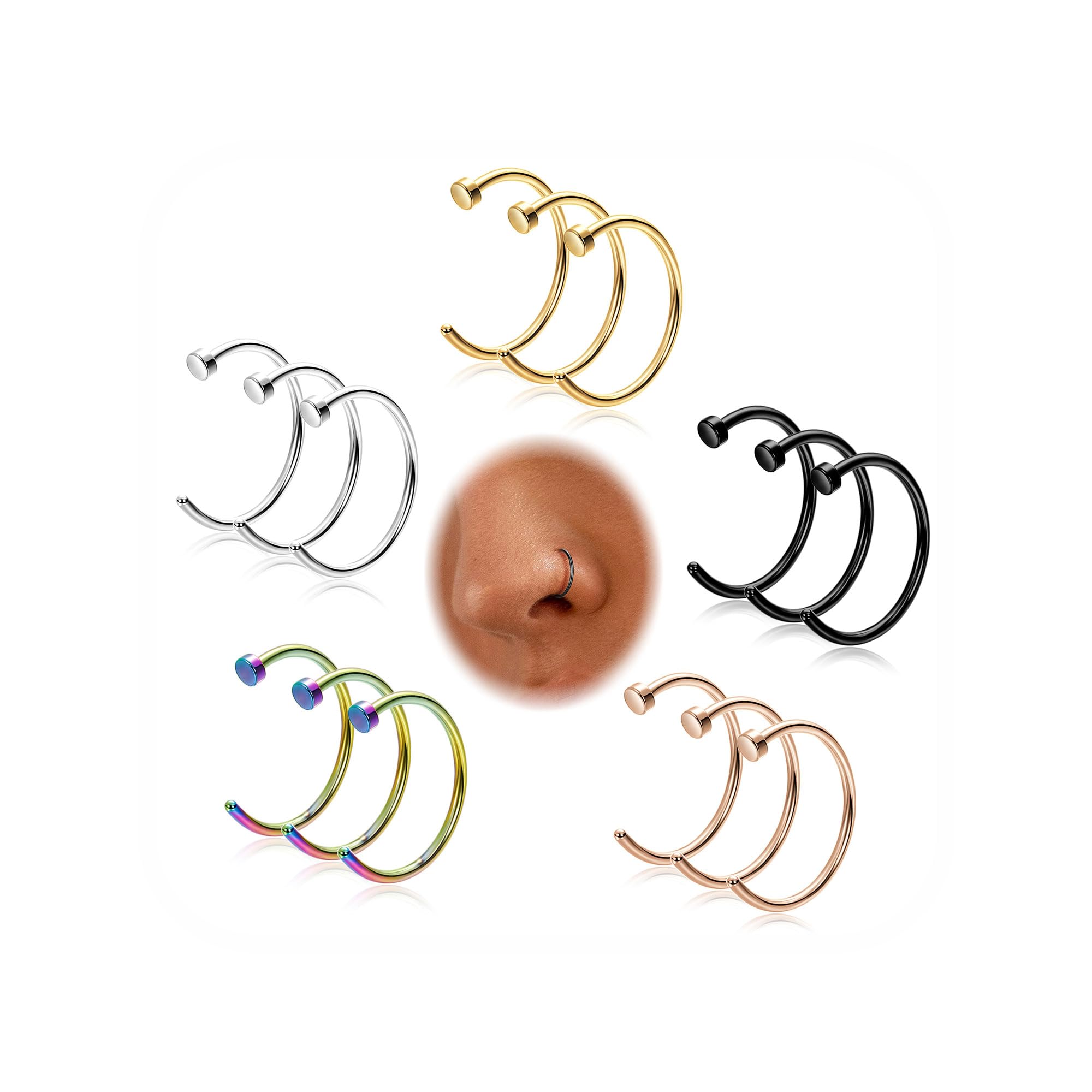 YOVORO 15Pcs 18G 20G 316L Stainless Steel Nose Rings Hoops for Women Men Hypoallergenic Nose Hoops Colored Nose Piercing Jewelry 6/8/10MM