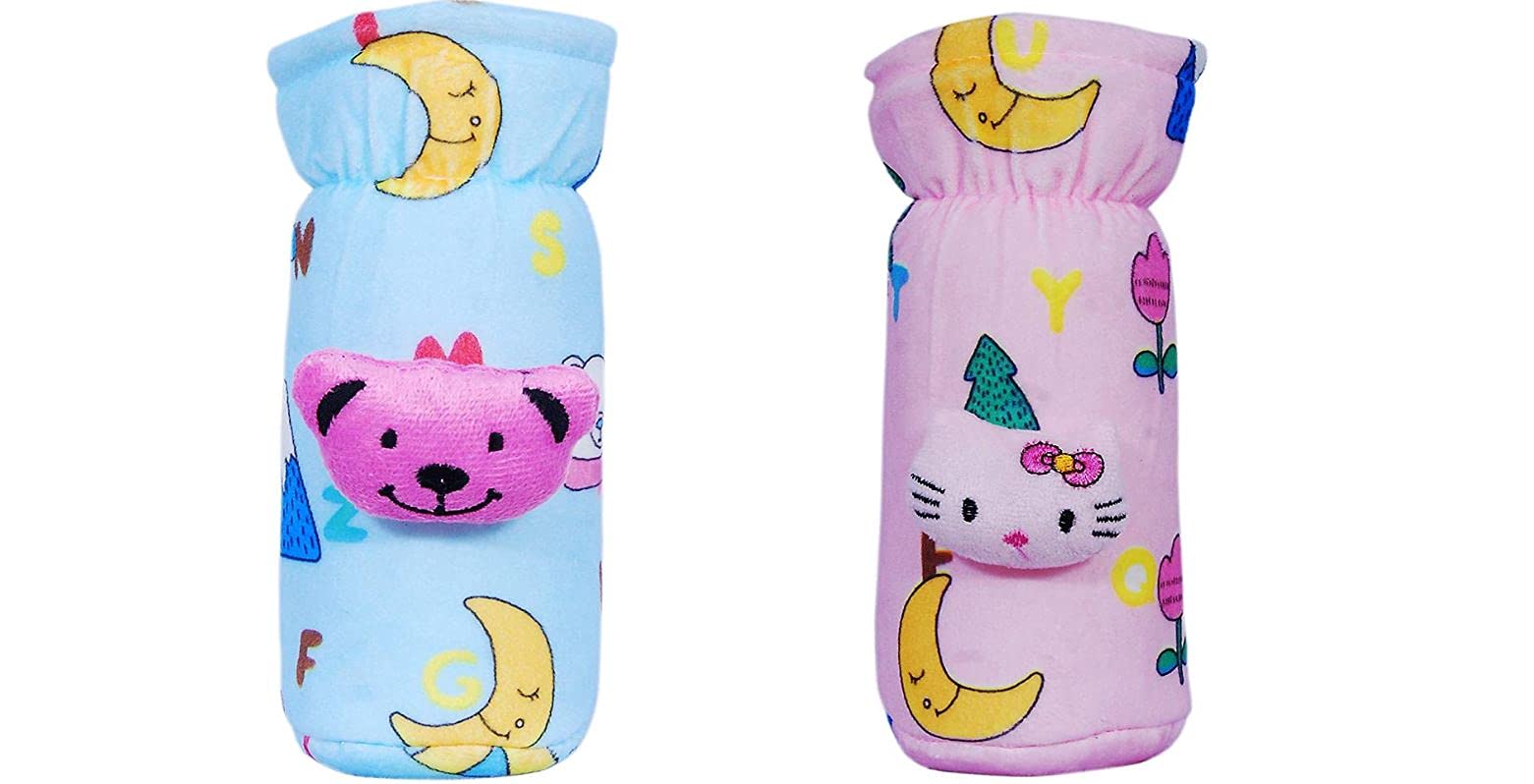 The Cheeky Kidzz Stretchable Soft Velvet Plush Attractive Cartoon Overall Multi Prints Baby Feeding Bottle Cover with Holding Strap Suitable for 150ml 220ml 240ml 250ml Feeding Bottles(Pack of 2;MULTI-COLORS)