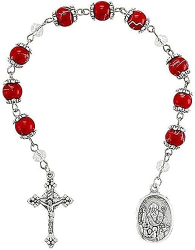 Needzo Rosario rojo y plateado de San Nicolás con tarjeta de oración de bolsillo con coronilla, juego de regalo de Navidad católica, 9.75 pulgadas,