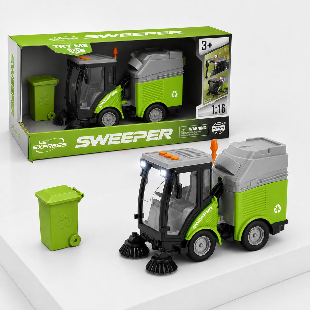 Toyana Garbage Truck Toys - 1:16 Road Sweeper Truck with Light & Sound, Friction Powered Bin Lorry with Trash Bin for Kids Age 3+