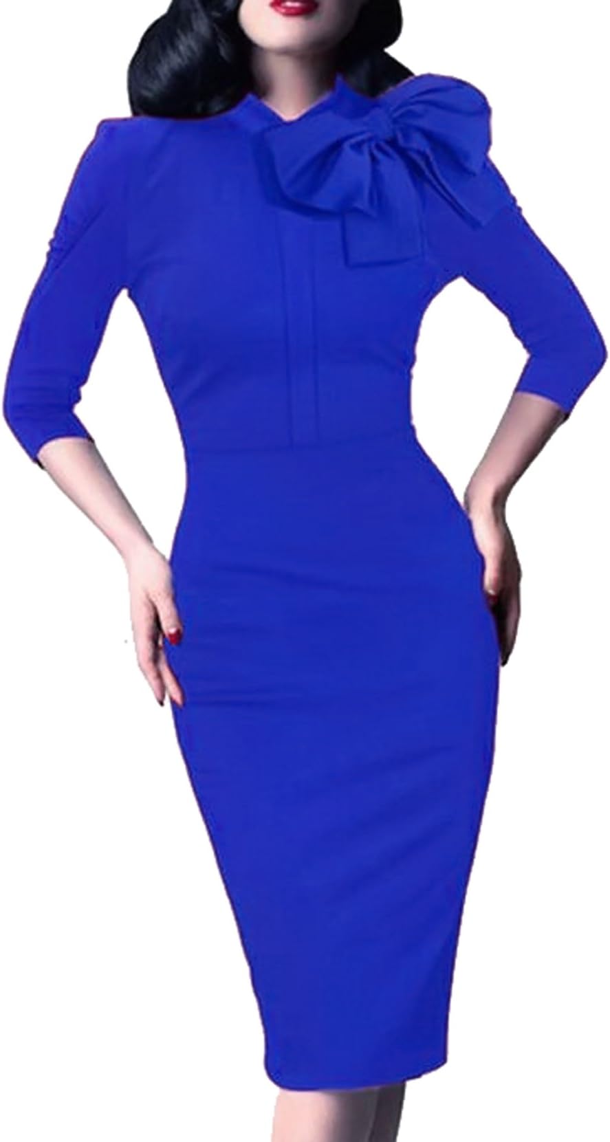 Women's 1950s Retro 3/4 Sleeve Bow Cocktail Party Evening Dress Work Pencil Dress Blue XX-Large