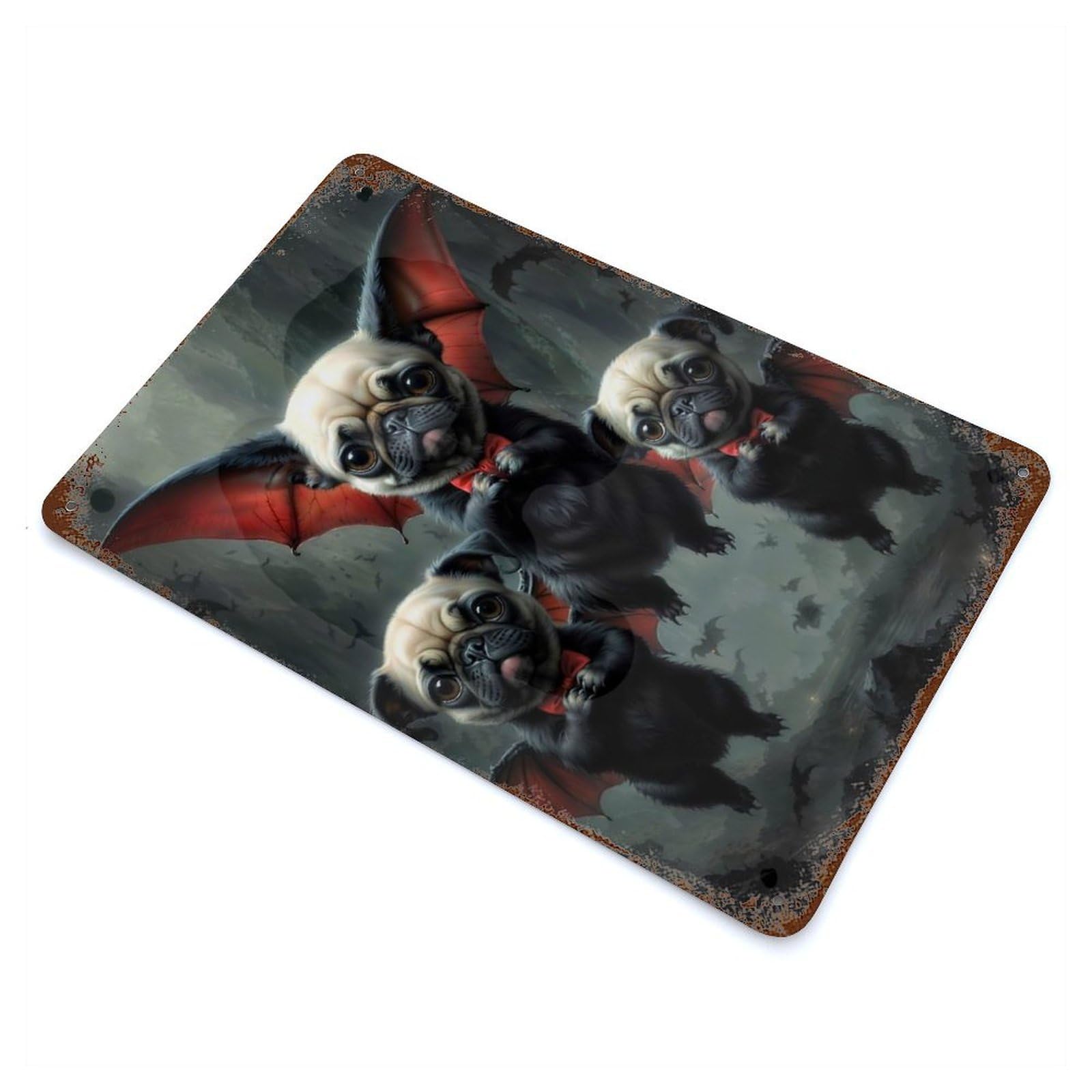 Adorable Pugs Vampires Decorative Tin Sign 11.8"x7.9", Retro Wall Decor for Living Room, Hallway And Home Decor