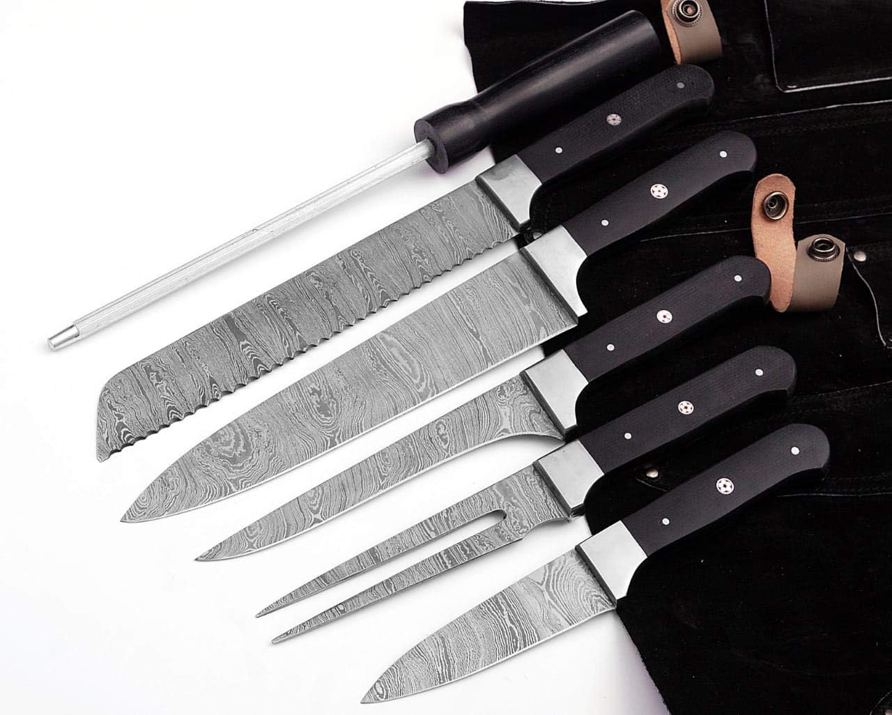 HM-(Black) Custom Hand Made Damascus Steel #6 Pcs of Professional Kitchen Knives Set Comes with Sweet Leather Roll Kit (3706)
