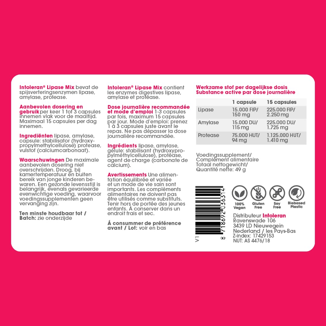 Intoleran Lipase Mix Enzymes digestives – 108 gélules