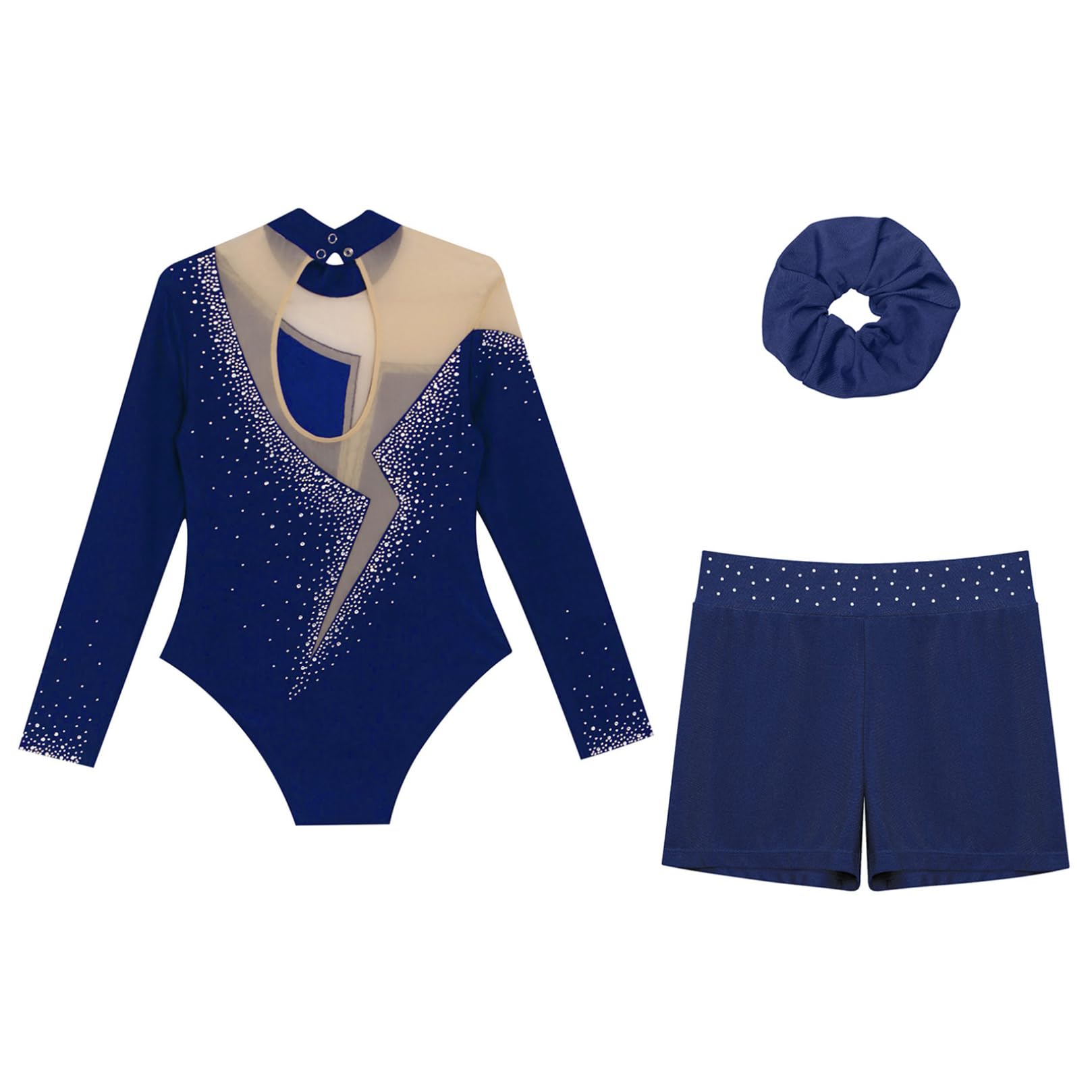 ranrann Enfant Fille Ensemble de Gymnastique Justaucorps Strass et Short avec Chouchou Tenue Patinage Artistique Danse