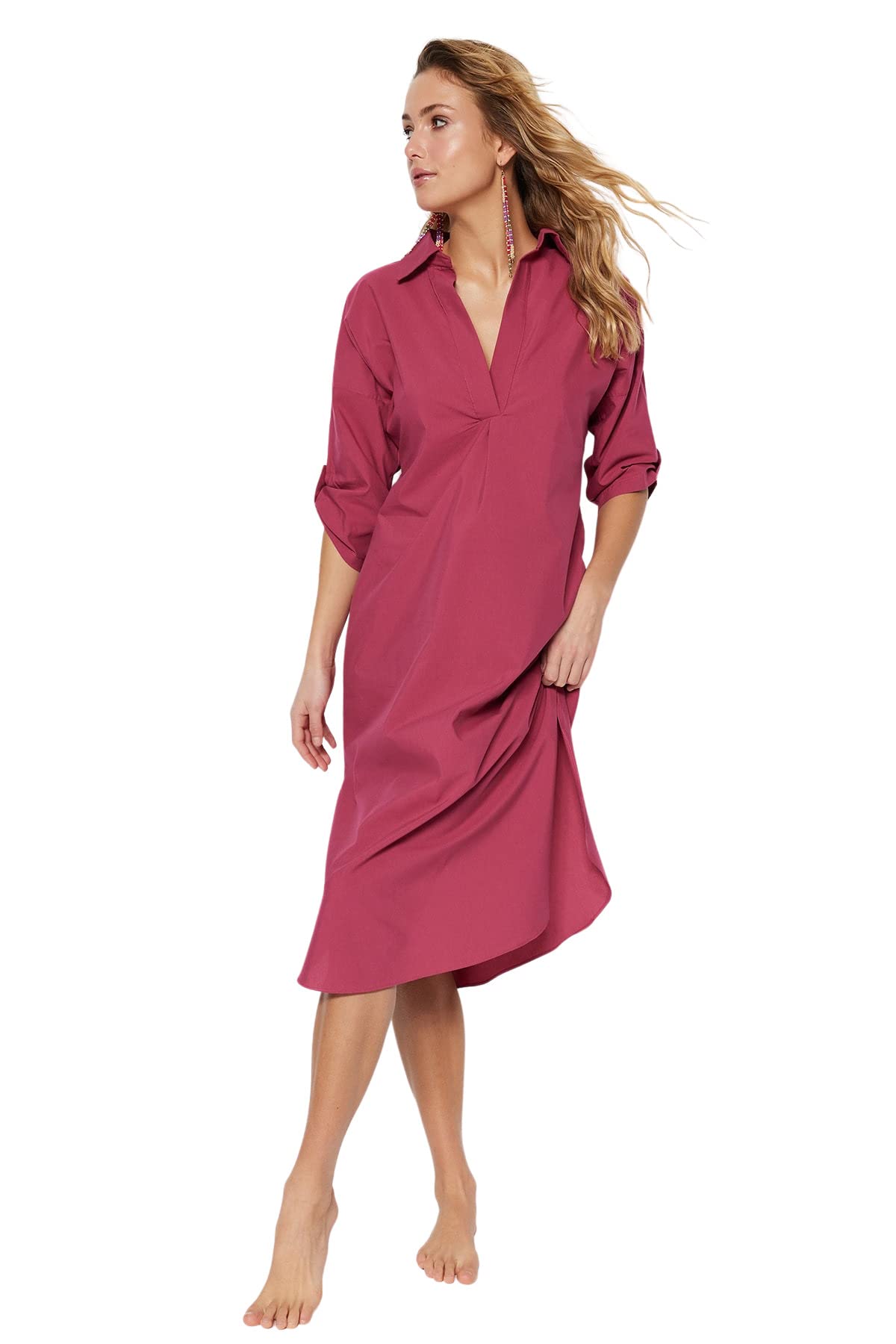 TRENDYOL Damen TIPP Detailliertes Strandkleid Dress, Pflaume, 34