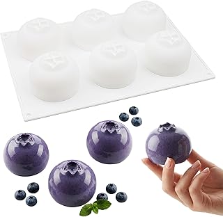 1 Pack Large 6-Cavity 3D Blueberry Silicone Mold, Food-Grade Non-Stick Fruit Mold, Heat-Resistant Fruit Shaped Molds for Mousse Cake Chocolate Candy Jelly Soap Candle Making (White)