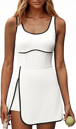 Fisoew Women's Workout Tennis Dress with Built-in Bra & Shorts Pockets, Sleeveless, Cutout, Mini Dress
