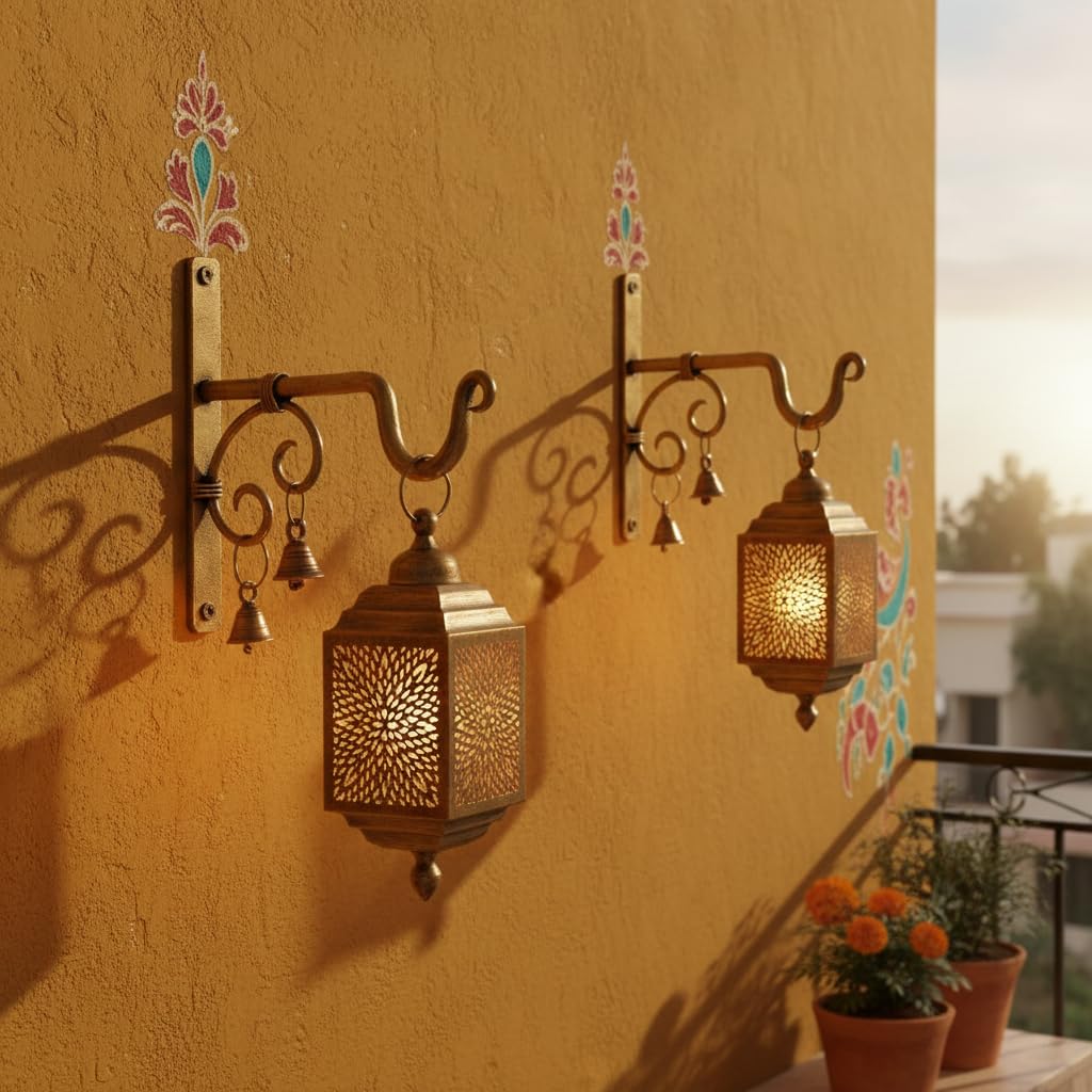 Lamcy Plaza Decorative Wall Brackets - 7.5 Inch (Pack of 2) - Hand Forged Antique Golden Brass Heavy Duty Metal Wall Hangers for Hanging Plants, Lanterns, Bird Feeders, Chimes - Indoor Outdoor Use 3