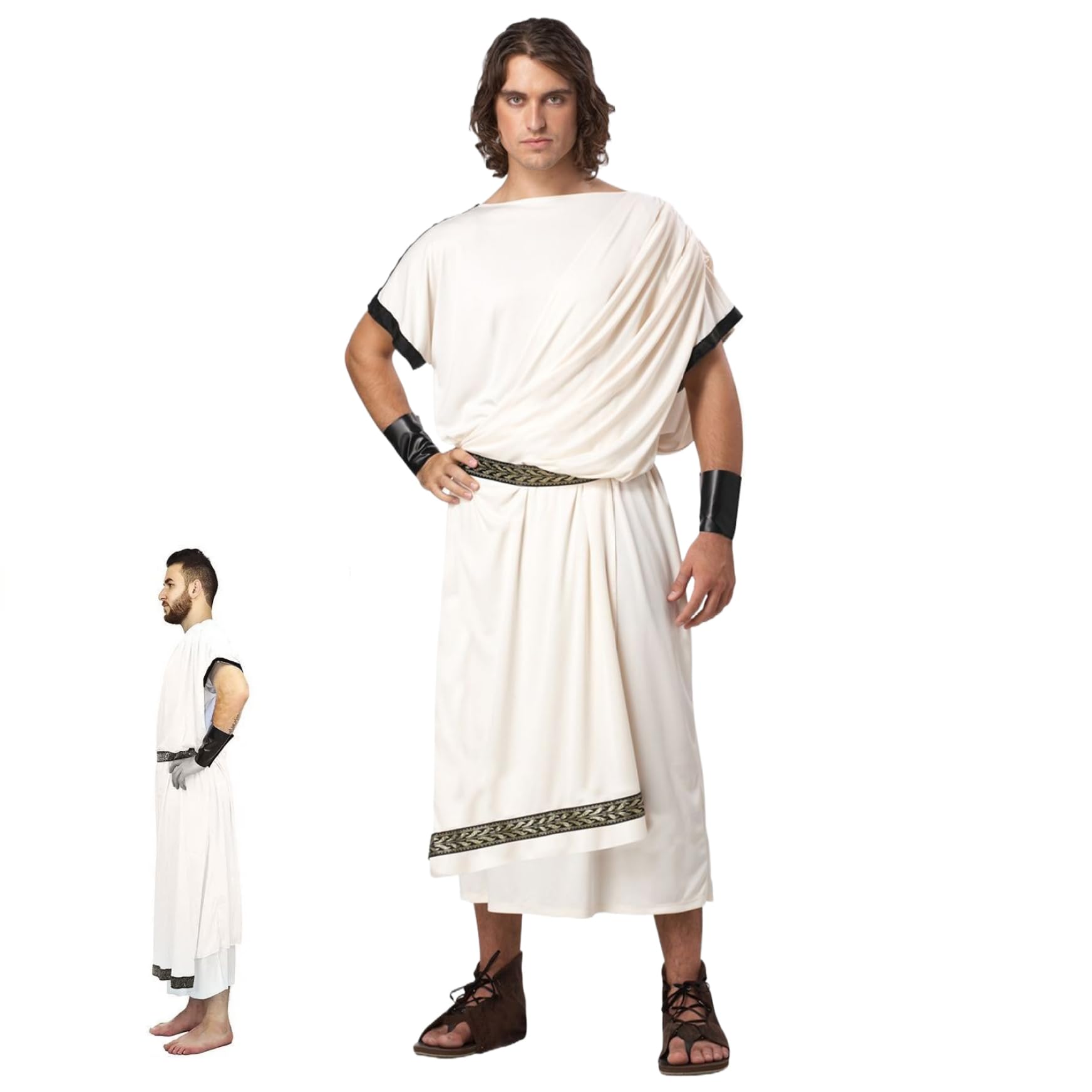 Odoukey Men Ancient Roman Greek Toga Soldier Costume (XL), Soft Skin-Friendly Retro Outfit with Belt & Wristbands, Greek Halloween Costume for Party Cosplay