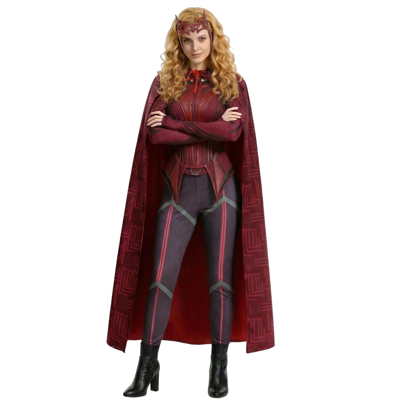 SINSEN Damen Wanda Maximoff Kostüm Scarlet Witch Cosplay Hose Anzug Umhang Outfit Kopfbedeckung für Halloween und Party