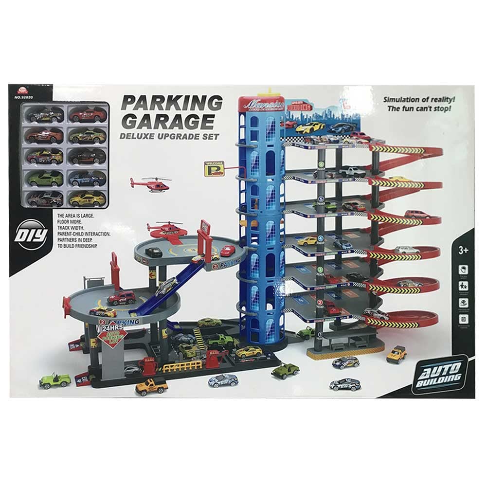 Bakaji Garaje gigante juguete para niños con 6 pisos, rampas de tobogán ascensor Pitstop y lavado de automóviles incluidos 10 coches + helicóptero tamaño 92 x 46 x 71 cm