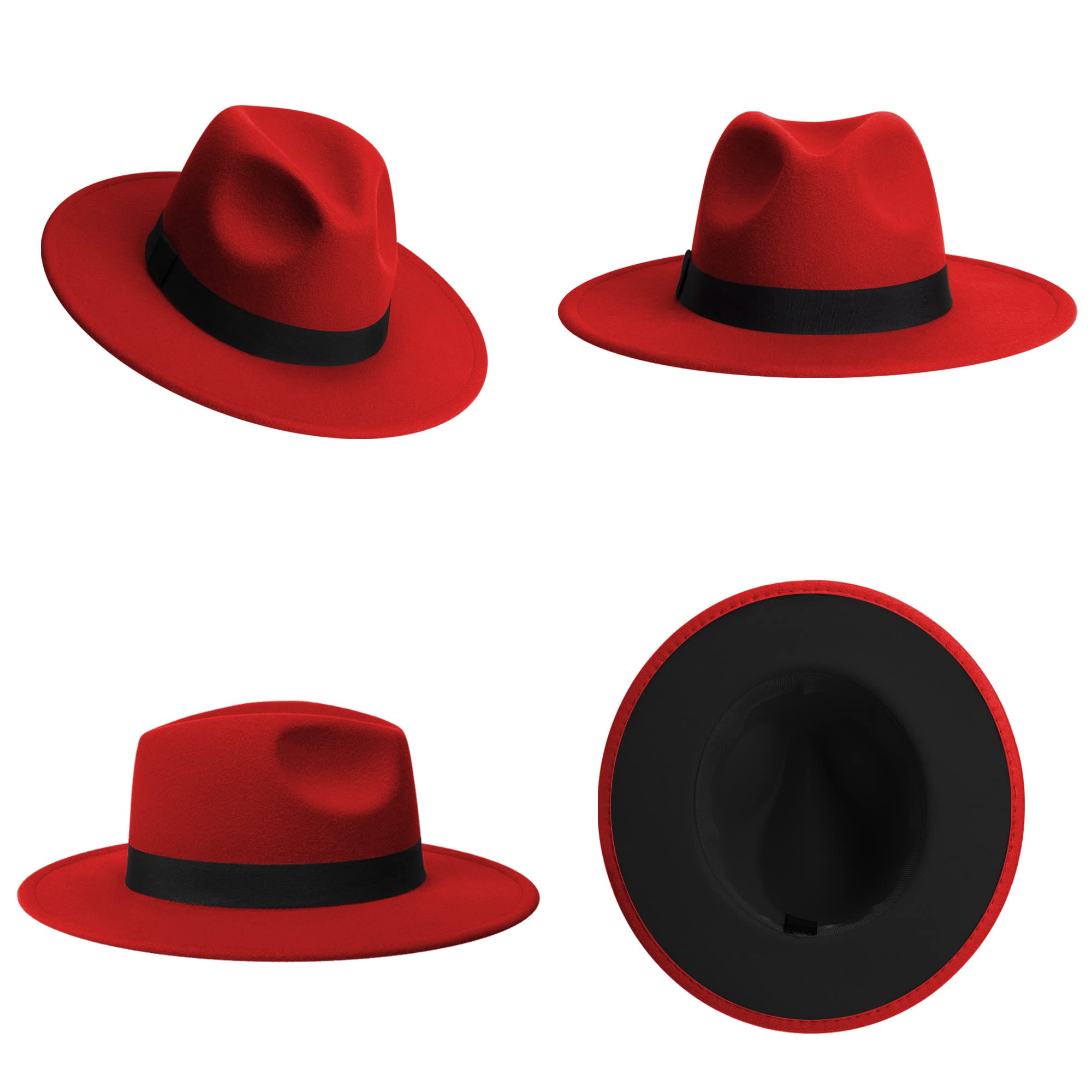 SAJUZEN Womens & Mens Fedora Hats, Wide Brim Fedora Hats for Women Men: R-red/Black Small-Medium