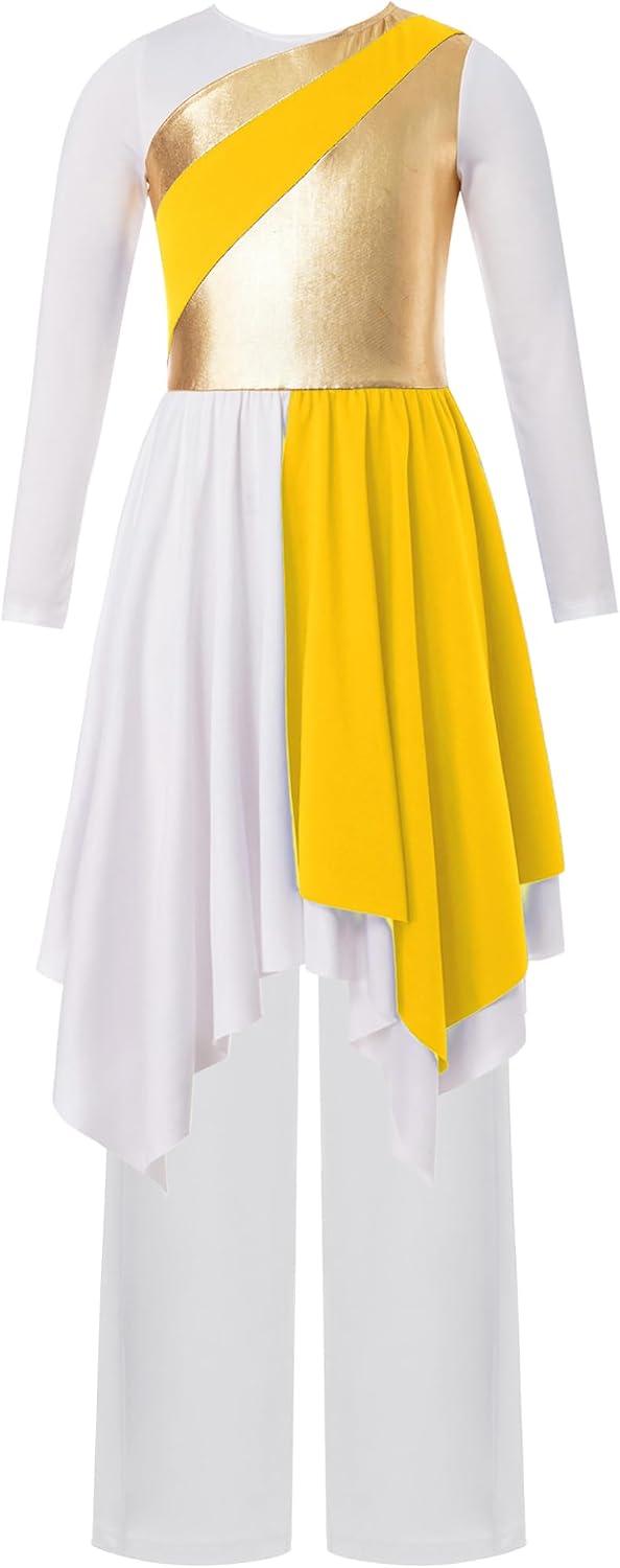 Hedmy Kids Girls Liturgical Worship Dance Outfits Metallic Color Block Dress With Pants Church Yellow 8 Years