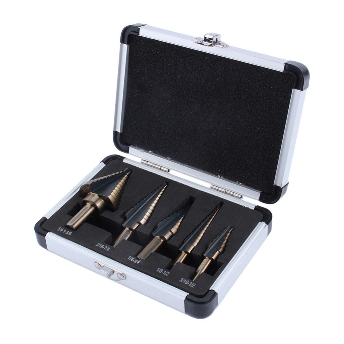 Brocas escalonadas de cobalto Hss de 5 piezas Juego de brocas de perforación de múltiples orificios Caja de aluminio Taladro de cono de titanio Brocas de núcleo, como imagen, 5 piezas