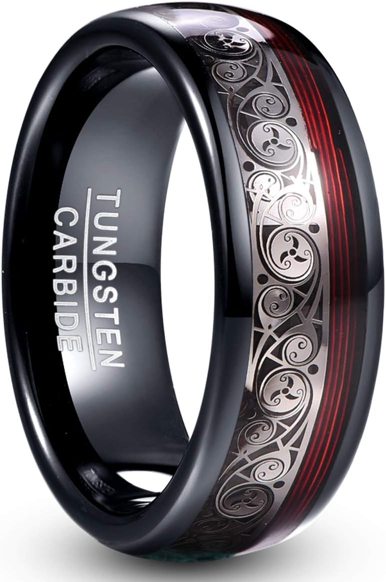– 8mm Black Tungsten Carbide Ring Celtic Spiral Pattern and Red Guitar String Inlay High Polished Comfort Fit Size O to Y