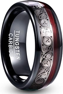 8mm Black Tungsten Carbide Ring Celtic Spiral Pattern and Red Guitar String Inlay High Polished Comfort Fit Size O to Y
