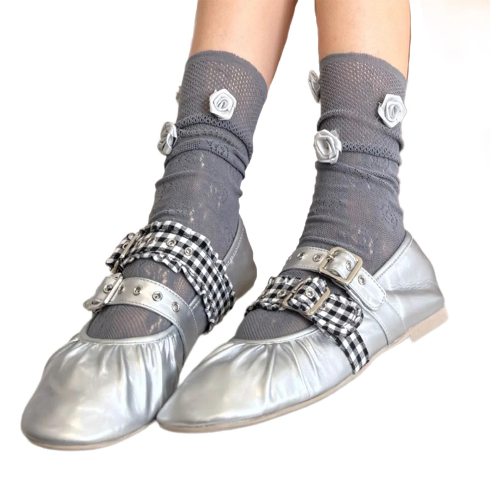 Lolitas Flower Crews Socks Sheer Mesh Lace Loose Slouch Summers Ankle High For Womens Streetwear Sheer Lace Mesh Crew Socks, Gray, Small-XX-Large