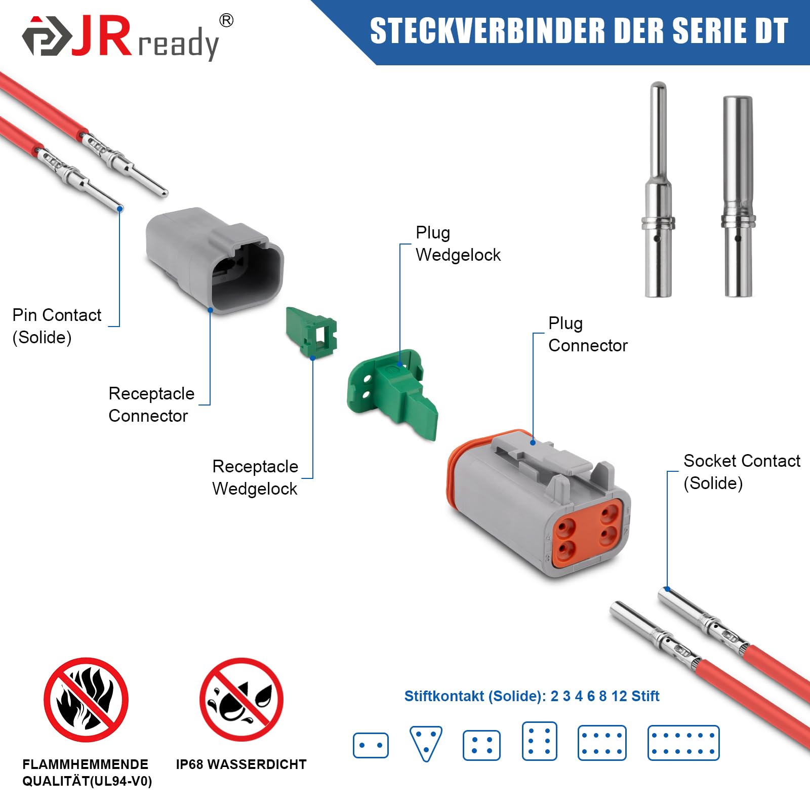 JRready DT Conector Kit 604 PCS Incluyendo Crimping Herramienta ACT-M202 Deutsch Conector 2 3 4 6 8 12 Polos IP68 Impermeable Tamaño 16 Deutsch Terminal 16-20 AWG Herramienta Reparación Automotriz