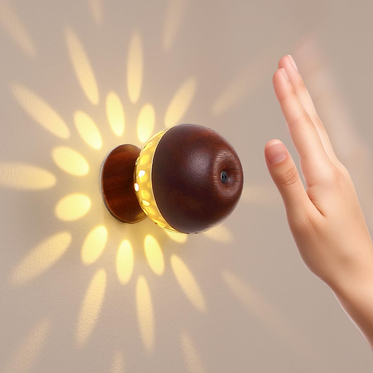 Applique da parete Effetto LED con Sensore, Dimmerabile Lampada da parete in Legno Batteria Ricaricabile 3000K Luce calda Lampada a Effetto Spot a parete magnetica per Camera da letto Corridoio,A