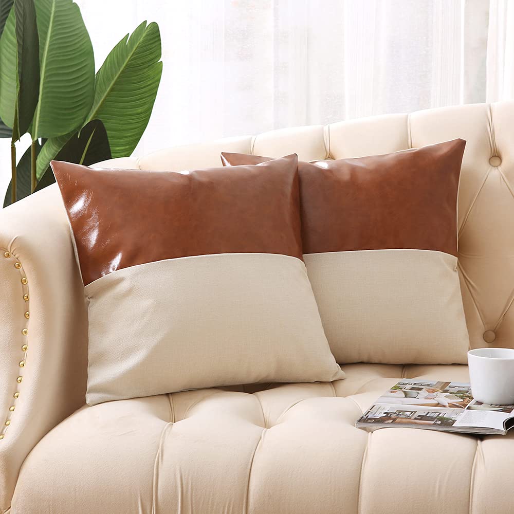 Sencillez Set of 2 Faux Leather Throw Pillow Covers, 18 x 18 inch Modern Brown Cushion Cases Decorative Pillowcase for Sofa Bedroom Living Room (Brown, Rectangle)