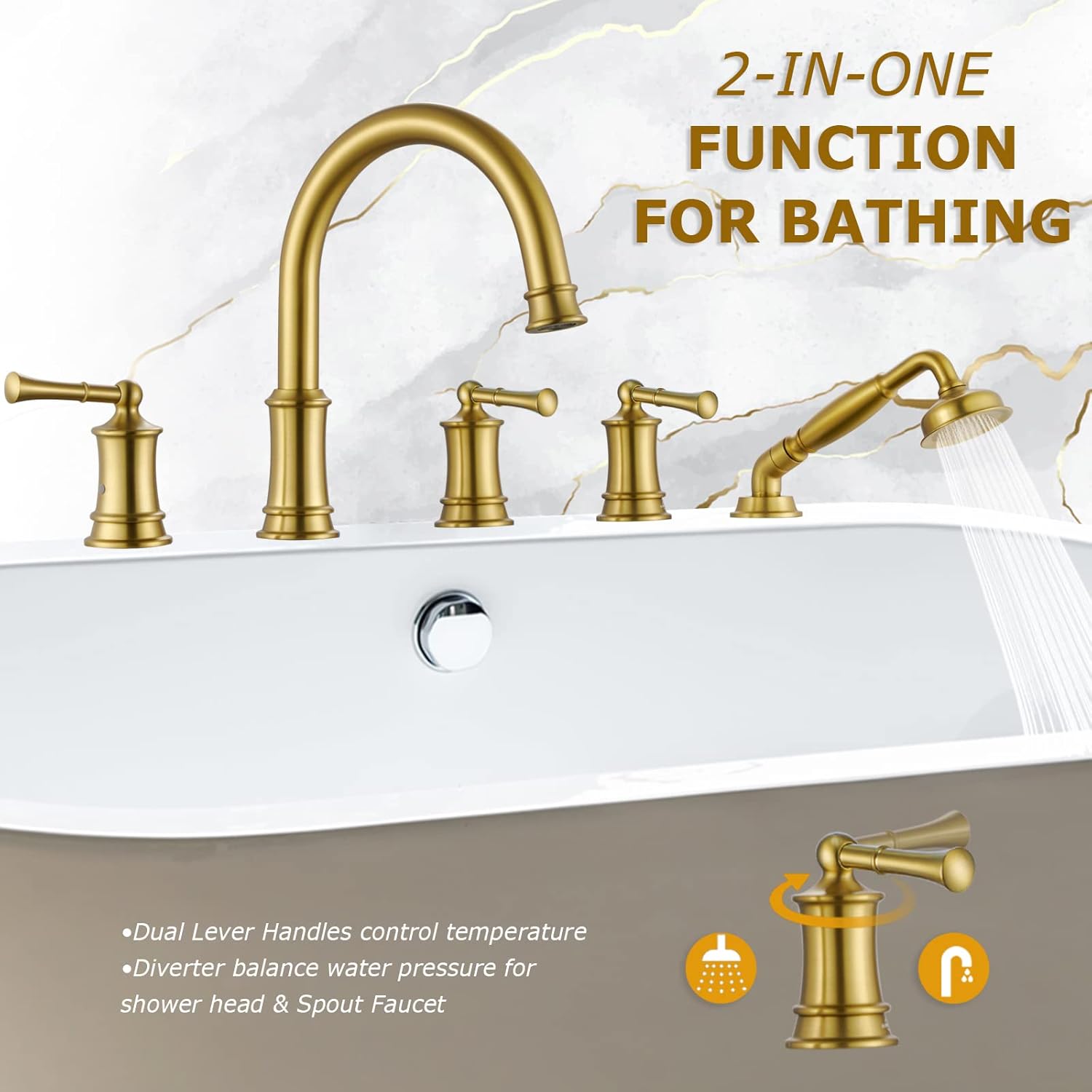 Roman Tub Faucet with Hand Shower, Antique Tub Shower Faucet Set with Valve for 5 Hole, Deck Mount Shower Tub Faucet Set，3 Handle Bath Tub Faucet High Flow, Brushed Gold(B2309-BG)