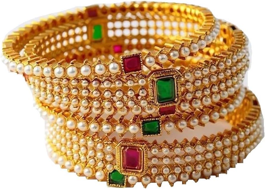 Elegant Pearls with Ruby–Emerald Studded Bangles 6 of set ver butifull set app to marrige and festival it mach to all type of kurti saree and lehenga